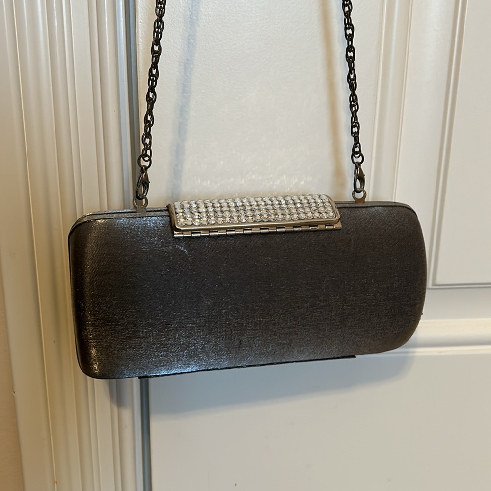 Vintage rhinestone silver velvet steel clutch shoulder bag - Picture 2 of 9